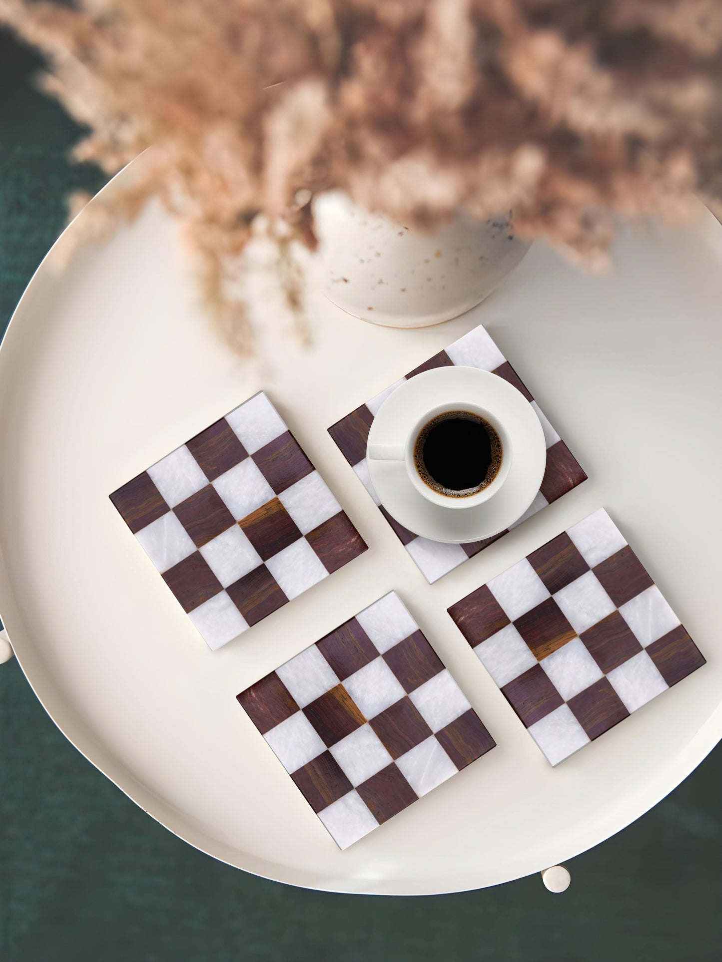 Checkered Coaster Set Brown and White