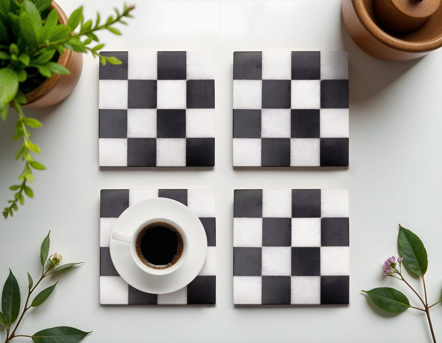 Checkered Coaster Set Black and White